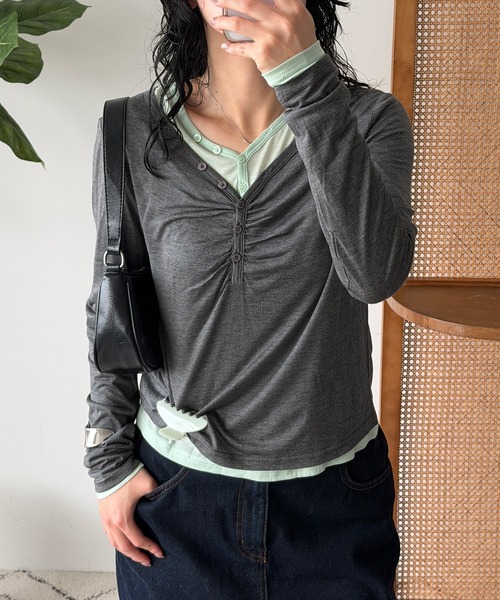MUHET(ミュエータ)の「【set item】sheer layered gather tops / シアーレイヤードギャザーロンTセット(Tシャツ/カットソー・レディース・チャコールグレー/オフホワイト/ネイビー/ブラウン・FREE)」の14枚目の写真
