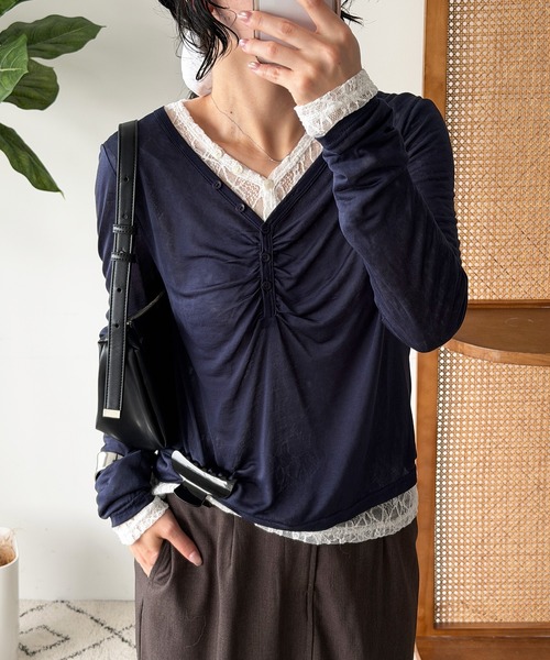MUHET(ミュエータ)の「【set item】sheer layered gather tops / シアーレイヤードギャザーロンTセット(Tシャツ/カットソー・レディース・チャコールグレー/オフホワイト/ネイビー/ブラウン・FREE)」の6枚目の写真