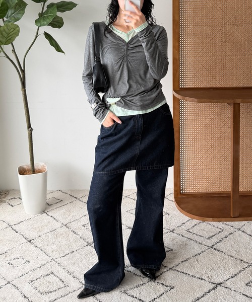 MUHET(ミュエータ)の「【set item】sheer layered gather tops / シアーレイヤードギャザーロンTセット(Tシャツ/カットソー・レディース・チャコールグレー/オフホワイト/ネイビー/ブラウン・FREE)」の15枚目の写真