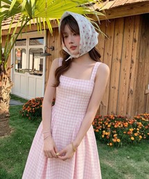 ピンク チェック キャミソールワンピース フレアスカート 大きめ裾 清楚系 カントリー風 夏 レディース お出かけ 写真撮影 旅行