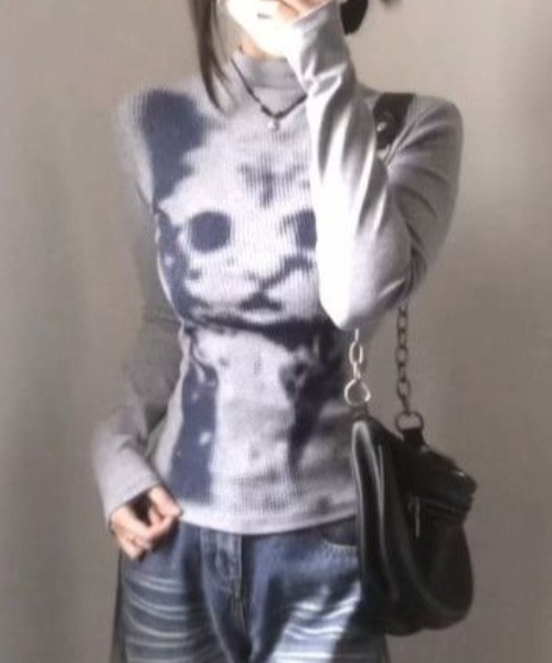 SHERU(シェル)の「ドットアートグラフィック ハイネックタイトロンTシャツ 猫(Tシャツ/カットソー・レディース・グレー/ホワイト・M)」の10枚目の写真