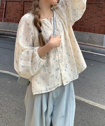 小花柄シフォンギャザーブラウス