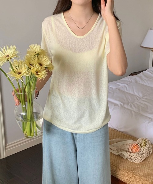 Girly Doll(ガーリードール)の「ラウンドVネックシアーTシャツ(Tシャツ/カットソー・レディース・ライトイエロー/ホワイト/ブラック/ピンク/ライトブルー・FREE)」の4枚目の写真