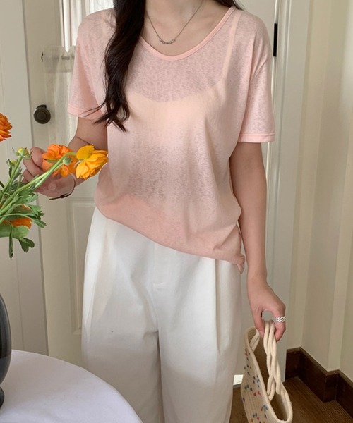 Girly Doll(ガーリードール)の「ラウンドVネックシアーTシャツ(Tシャツ/カットソー・レディース・ライトイエロー/ホワイト/ブラック/ピンク/ライトブルー・FREE)」の5枚目の写真