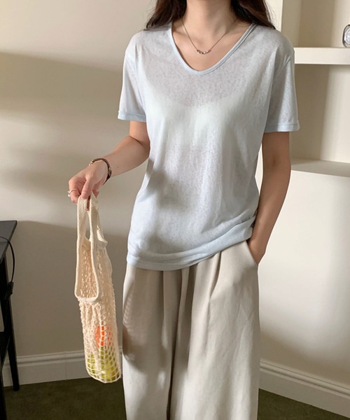 Girly Doll(ガーリードール)の「ラウンドVネックシアーTシャツ(Tシャツ/カットソー・レディース・ライトイエロー/ホワイト/ブラック/ピンク/ライトブルー・FREE)」の12枚目の写真