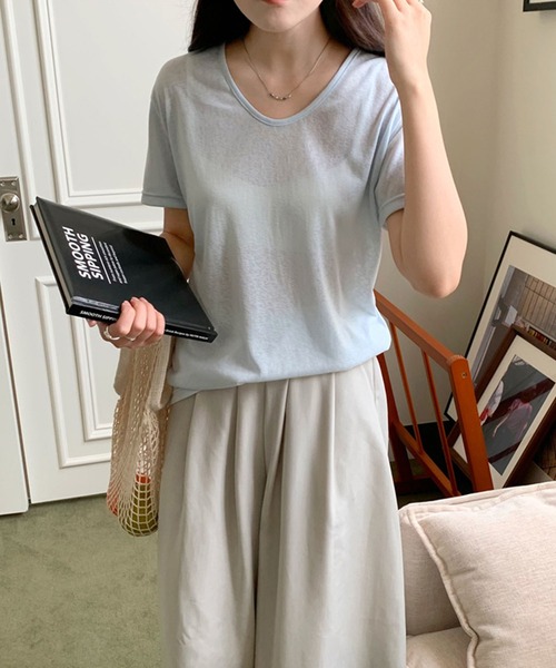 Girly Doll(ガーリードール)の「ラウンドVネックシアーTシャツ(Tシャツ/カットソー・レディース・ライトイエロー/ホワイト/ブラック/ピンク/ライトブルー・FREE)」の13枚目の写真