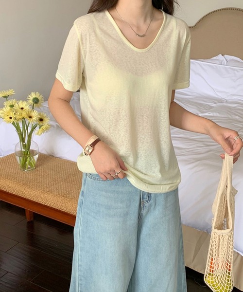 Girly Doll(ガーリードール)の「ラウンドVネックシアーTシャツ(Tシャツ/カットソー・レディース・ライトイエロー/ホワイト/ブラック/ピンク/ライトブルー・FREE)」の17枚目の写真