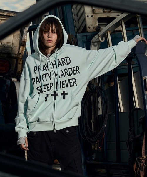 Openyard(オープンヤード)の「『Openyard/オープンヤード』PRAY HARD HOODIE ZIP UP/プレイハードジップアップパーカー(パーカー・レディース・ミント・L/M)」の8枚目の写真