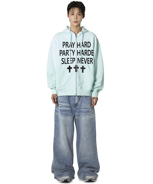 Openyard(オープンヤード)の「『Openyard/オープンヤード』PRAY HARD HOODIE ZIP UP/プレイハードジップアップパーカー(パーカー・レディース・ミント・L/M)」の4枚目の写真
