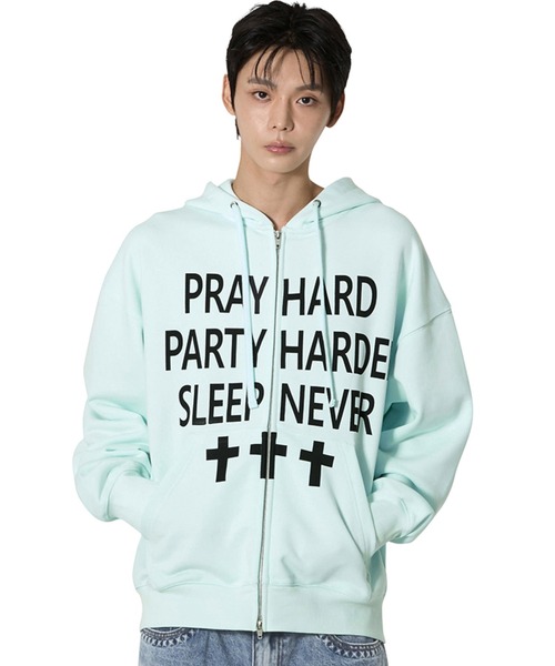 Openyard(オープンヤード)の「『Openyard/オープンヤード』PRAY HARD HOODIE ZIP UP/プレイハードジップアップパーカー(パーカー・レディース・ミント・L/M)」の3枚目の写真