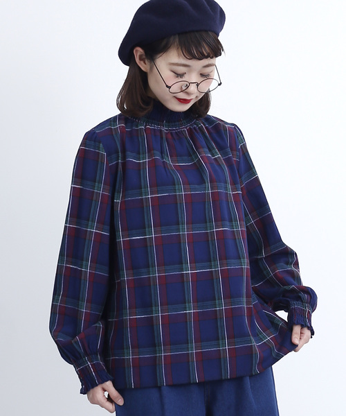 MERLOT(メルロー)の「チェック柄コットンギャザーブラウス1170(シャツ/ブラウス・レディース・ブラック/レッド/イエロー/ネイビー・FREE)」の1枚目の写真
