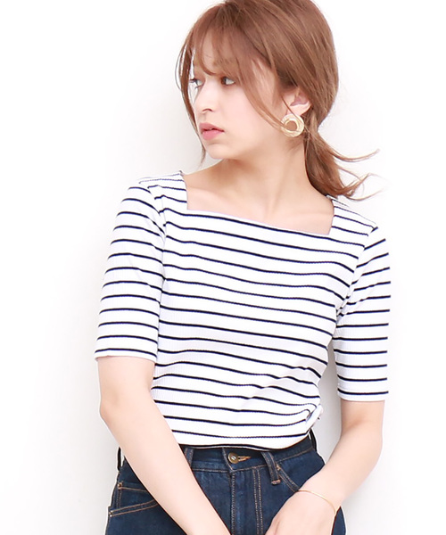 N.(N. Natural Beauty Basic)(エヌエヌナチュラルビューティーベーシック)の「リブカットソー(Tシャツ/カットソー・レディース・ホワイト/ホワイト系その他/ネイビー/レッド・MEDIUM)」の1枚目の写真