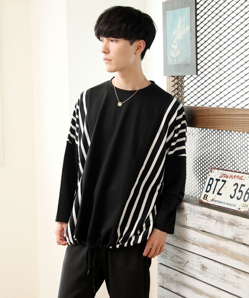 TopIsm(トップイズム)の「【2020 秋冬】ビッグシルエット ドロップショルダー ストライプ切替カットソー(Tシャツ/カットソー・メンズ・ブラック/ベージュ/オフホワイト/カーキ・FREE)」の1枚目の写真