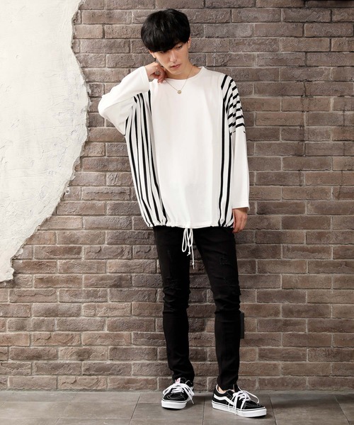 TopIsm(トップイズム)の「【2020 秋冬】ビッグシルエット ドロップショルダー ストライプ切替カットソー(Tシャツ/カットソー・メンズ・ブラック/ベージュ/オフホワイト/カーキ・FREE)」の6枚目の写真