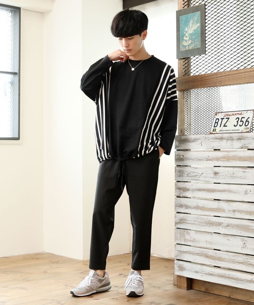 TopIsm(トップイズム)の「【2020 秋冬】ビッグシルエット ドロップショルダー ストライプ切替カットソー(Tシャツ/カットソー・メンズ・ブラック/ベージュ/オフホワイト/カーキ・FREE)」の5枚目の写真