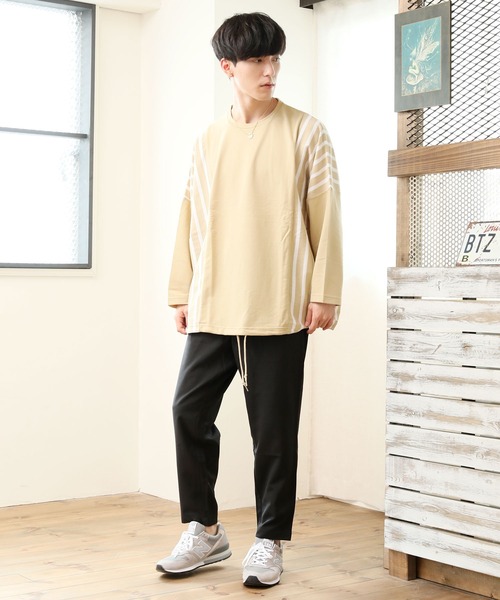 TopIsm(トップイズム)の「【2020 秋冬】ビッグシルエット ドロップショルダー ストライプ切替カットソー(Tシャツ/カットソー・メンズ・ブラック/ベージュ/オフホワイト/カーキ・FREE)」の11枚目の写真