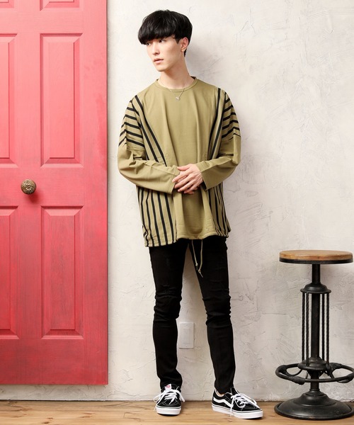 TopIsm(トップイズム)の「【2020 秋冬】ビッグシルエット ドロップショルダー ストライプ切替カットソー(Tシャツ/カットソー・メンズ・ブラック/ベージュ/オフホワイト/カーキ・FREE)」の15枚目の写真