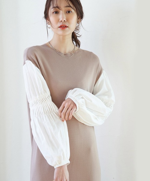 ROPE' PICNIC(ロペピクニック)の「ソデボリューム布帛ニットワンピース(ワンピース・レディース・ホワイト/ベージュ/ネイビー・38)」の2枚目の写真