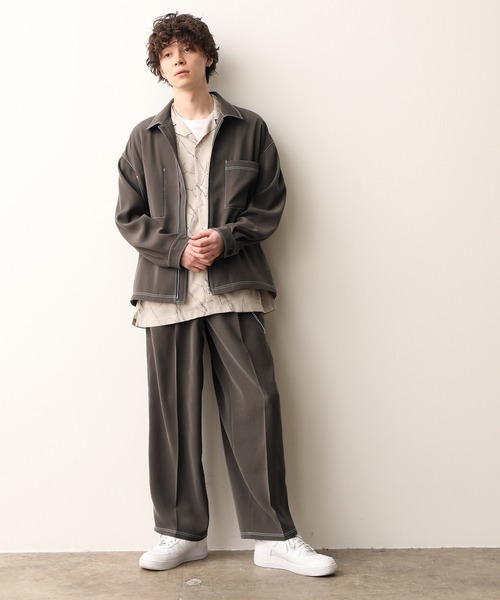 JUNRED（ジュンレッド）の「【セットアップ対応】ダブルクロスステッチワイドパンツ（スラックス・メンズ・ブラック/ダークブラウン/サックスブルー・S/M/L）」の8枚目の写真