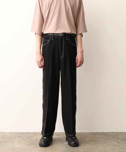 JUNRED（ジュンレッド）の「【セットアップ対応】ダブルクロスステッチワイドパンツ（スラックス・メンズ・ブラック/ダークブラウン/サックスブルー・S/M/L）」の10枚目の写真