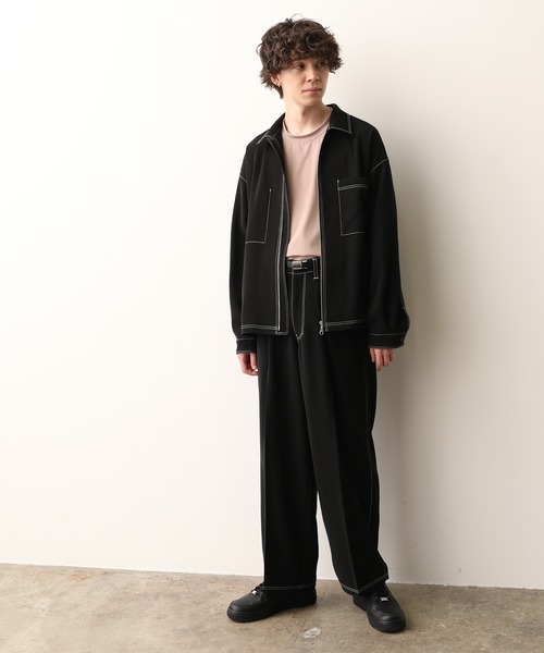 JUNRED（ジュンレッド）の「【セットアップ対応】ダブルクロスステッチワイドパンツ（スラックス・メンズ・ブラック/ダークブラウン/サックスブルー・S/M/L）」の16枚目の写真