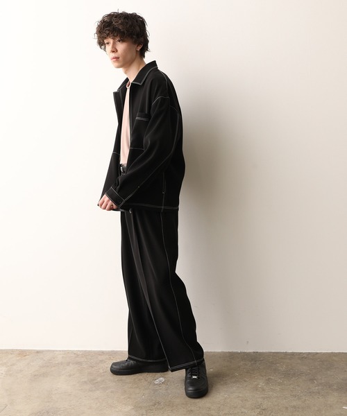 JUNRED（ジュンレッド）の「【セットアップ対応】ダブルクロスステッチワイドパンツ（スラックス・メンズ・ブラック/ダークブラウン/サックスブルー・S/M/L）」の14枚目の写真