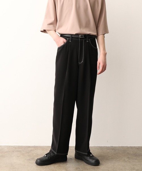 JUNRED（ジュンレッド）の「【セットアップ対応】ダブルクロスステッチワイドパンツ（スラックス・メンズ・ブラック/ダークブラウン/サックスブルー・S/M/L）」の4枚目の写真