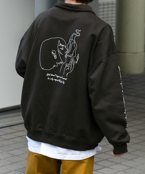 Perushu（ペルーシュ）の「ラインアートハーフジップ裏毛スウェット（スウェット・メンズ・ブラック/ダークブラウン/霜降りグレー/スモーキーグリーン系・MEDIUM/LARGE/X-LARGE）」の4枚目の写真