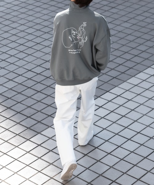 Perushu（ペルーシュ）の「ラインアートハーフジップ裏毛スウェット（スウェット・メンズ・ブラック/ダークブラウン/霜降りグレー/スモーキーグリーン系・MEDIUM/LARGE/X-LARGE）」の9枚目の写真