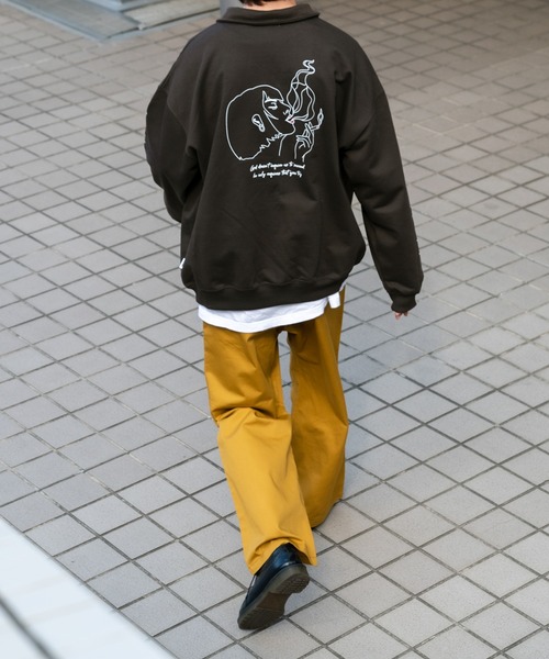 Perushu（ペルーシュ）の「ラインアートハーフジップ裏毛スウェット（スウェット・メンズ・ブラック/ダークブラウン/霜降りグレー/スモーキーグリーン系・MEDIUM/LARGE/X-LARGE）」の17枚目の写真