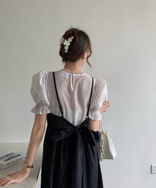 emi+（エミプラス）の「シアーブラウスバックリボンキャミワンピース（ワンピース・レディース・ホワイト/ブラック/ネイビー・FREE）」の6枚目の写真