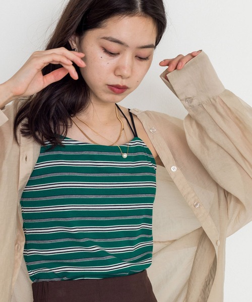 w closet（ダブルクローゼット）の「マルチボーダーテレコカップ付きキャミソール（キャミソール・レディース・グリーン/ダークオレンジ・FREE）」の2枚目の写真