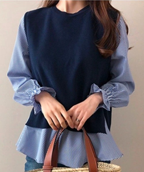 Chaco closet(チャコ クローゼット)の「ニットベストレイヤードブラウスセット(シャツ/ブラウス・レディース・ブラック/ネイビー/グレー・FREE)」の3枚目の写真