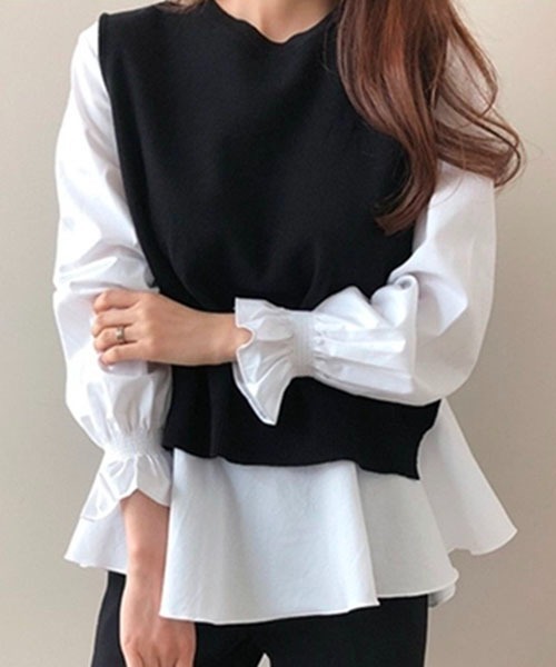 Chaco closet(チャコ クローゼット)の「ニットベストレイヤードブラウスセット(シャツ/ブラウス・レディース・ブラック/ネイビー/グレー・FREE)」の2枚目の写真