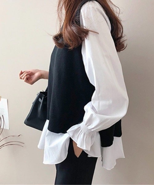 Chaco closet(チャコ クローゼット)の「ニットベストレイヤードブラウスセット(シャツ/ブラウス・レディース・ブラック/ネイビー/グレー・FREE)」の4枚目の写真