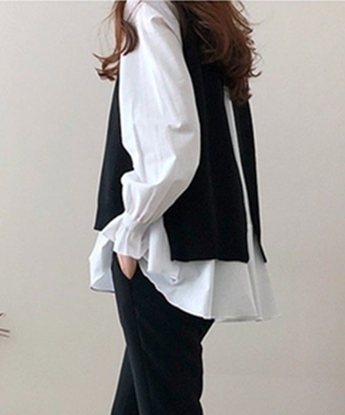 Chaco closet(チャコ クローゼット)の「ニットベストレイヤードブラウスセット(シャツ/ブラウス・レディース・ブラック/ネイビー/グレー・FREE)」の5枚目の写真