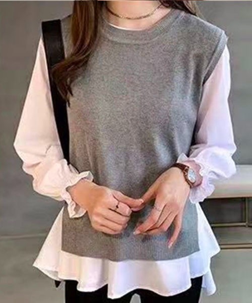 Chaco closet(チャコ クローゼット)の「ニットベストレイヤードブラウスセット(シャツ/ブラウス・レディース・ブラック/ネイビー/グレー・FREE)」の7枚目の写真