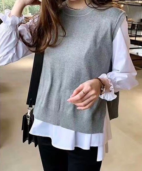 Chaco closet(チャコ クローゼット)の「ニットベストレイヤードブラウスセット(シャツ/ブラウス・レディース・ブラック/ネイビー/グレー・FREE)」の6枚目の写真