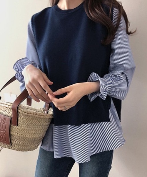 Chaco closet(チャコ クローゼット)の「ニットベストレイヤードブラウスセット(シャツ/ブラウス・レディース・ブラック/ネイビー/グレー・FREE)」の13枚目の写真