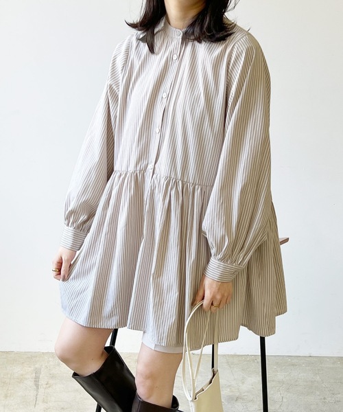 LIAN（リアン）の「ストライプティアードミニワンピース（シャツワンピース・レディース・ベージュ/ブルー/ネイビー/オレンジ・FREE）」の2枚目の写真