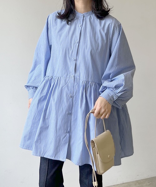 LIAN（リアン）の「ストライプティアードミニワンピース（シャツワンピース・レディース・ベージュ/ブルー/ネイビー/オレンジ・FREE）」の3枚目の写真