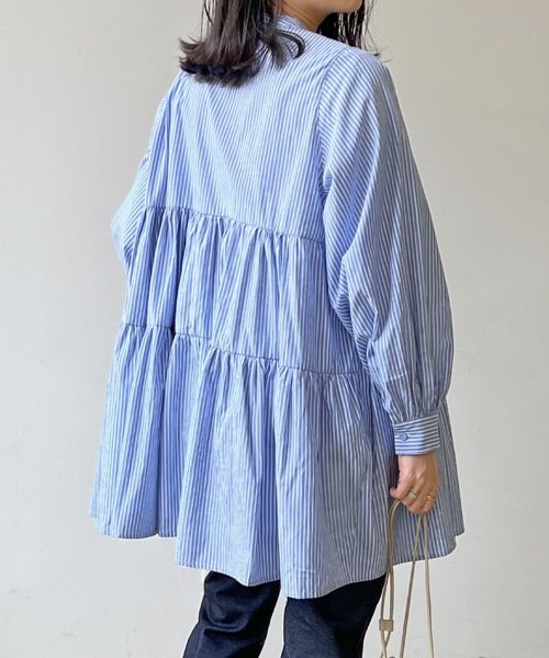 LIAN（リアン）の「ストライプティアードミニワンピース（シャツワンピース・レディース・ベージュ/ブルー/ネイビー/オレンジ・FREE）」の5枚目の写真