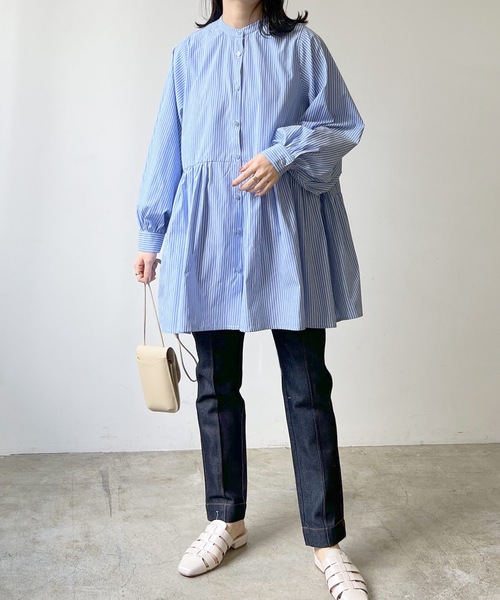 LIAN（リアン）の「ストライプティアードミニワンピース（シャツワンピース・レディース・ベージュ/ブルー/ネイビー/オレンジ・FREE）」の6枚目の写真