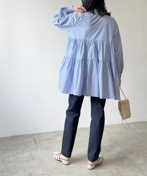 LIAN（リアン）の「ストライプティアードミニワンピース（シャツワンピース・レディース・ベージュ/ブルー/ネイビー/オレンジ・FREE）」の7枚目の写真