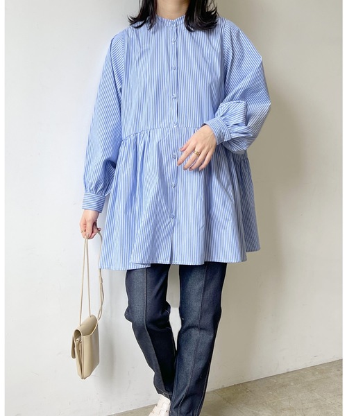 LIAN（リアン）の「ストライプティアードミニワンピース（シャツワンピース・レディース・ベージュ/ブルー/ネイビー/オレンジ・FREE）」の8枚目の写真