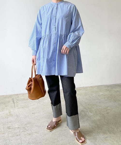 LIAN（リアン）の「ストライプティアードミニワンピース（シャツワンピース・レディース・ベージュ/ブルー/ネイビー/オレンジ・FREE）」の10枚目の写真