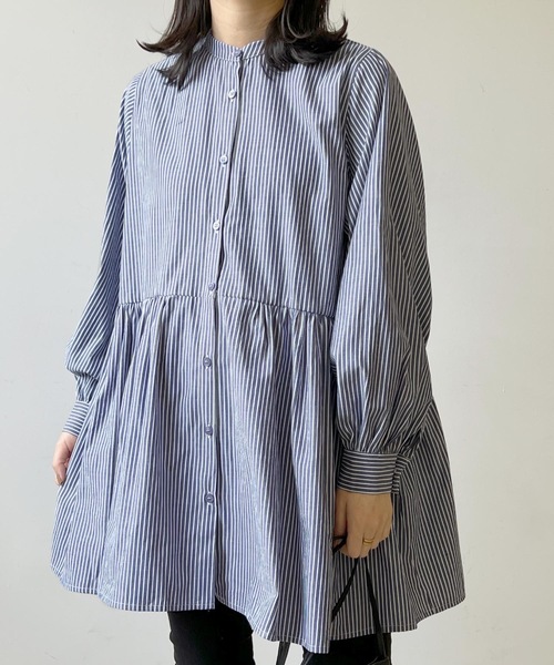 LIAN（リアン）の「ストライプティアードミニワンピース（シャツワンピース・レディース・ベージュ/ブルー/ネイビー/オレンジ・FREE）」の11枚目の写真