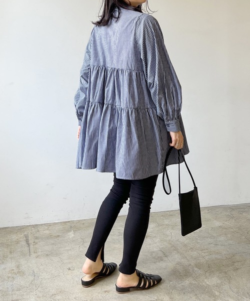 LIAN（リアン）の「ストライプティアードミニワンピース（シャツワンピース・レディース・ベージュ/ブルー/ネイビー/オレンジ・FREE）」の13枚目の写真