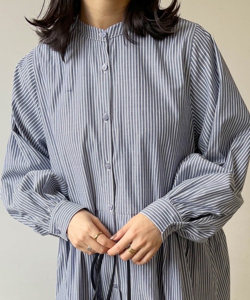 LIAN（リアン）の「ストライプティアードミニワンピース（シャツワンピース・レディース・ベージュ/ブルー/ネイビー/オレンジ・FREE）」の14枚目の写真