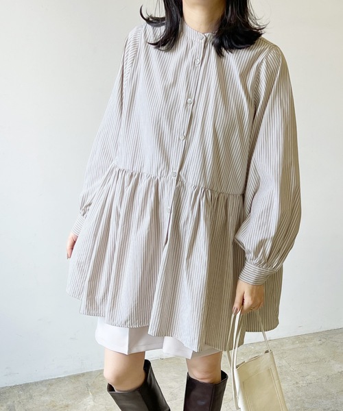 LIAN（リアン）の「ストライプティアードミニワンピース（シャツワンピース・レディース・ベージュ/ブルー/ネイビー/オレンジ・FREE）」の15枚目の写真